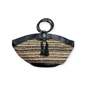 Patricia Nash Mandia Ebbe Woven Straw Leather Trim Large Satchel Lucite Ring Bag